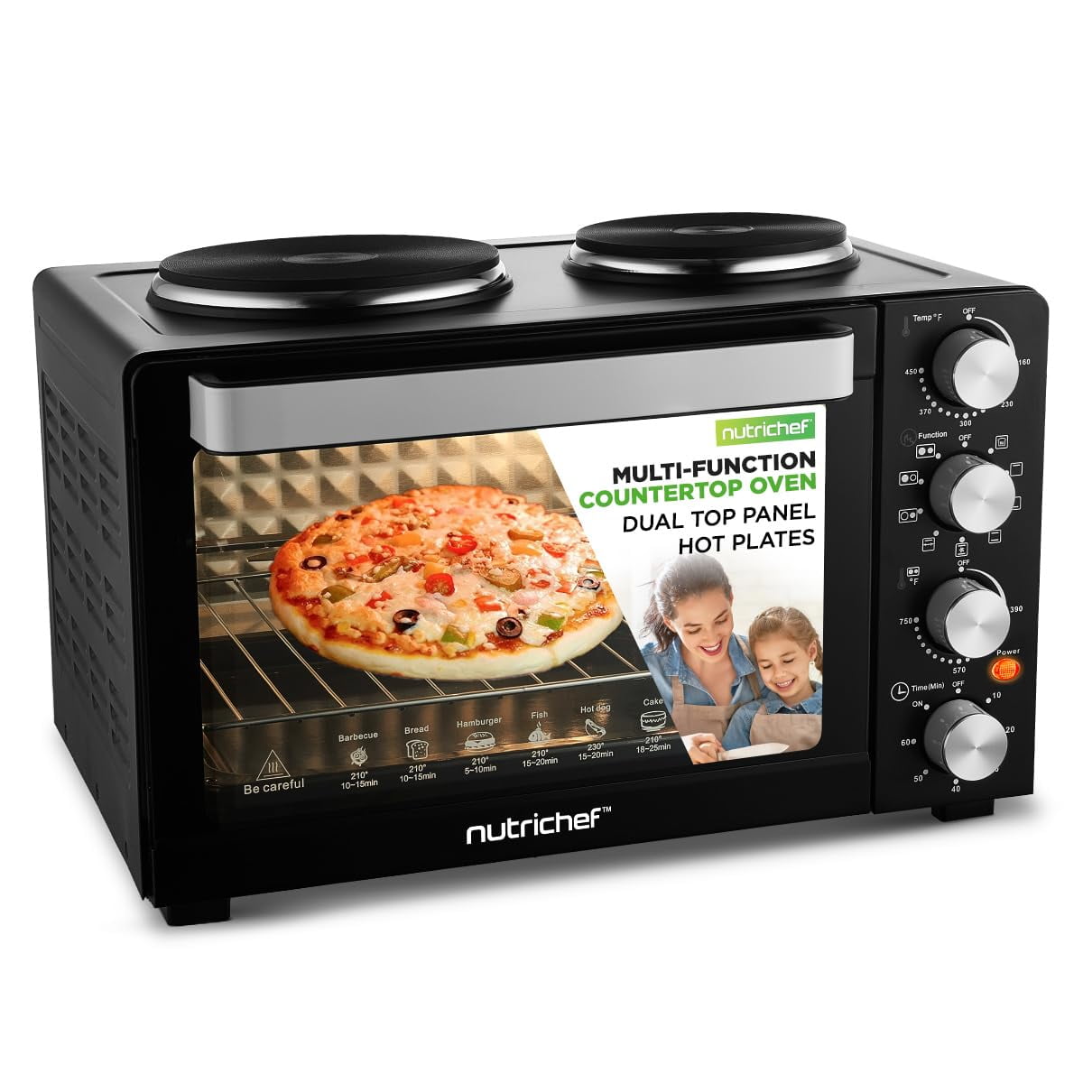 NutriChef 2-in-1 Convection Oven & Cooker, 30 Quart 1500W Multi-Function Oven with Dual Hot Plates, 7 Cooking Modes, Rotisserie, Broil & Bake, 19.6"x16"x13.5"