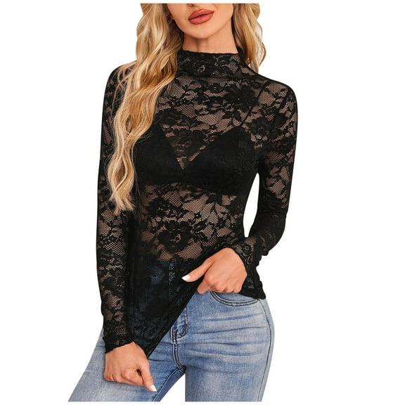 Women's Solid Color Round Neck Long Sleeve High Neck Mesh Blouse, Sexy See-Through Sheer T-Shirt, Fashion Casual Top for Everyday Wear, Elegant Long Sleeve Shirt