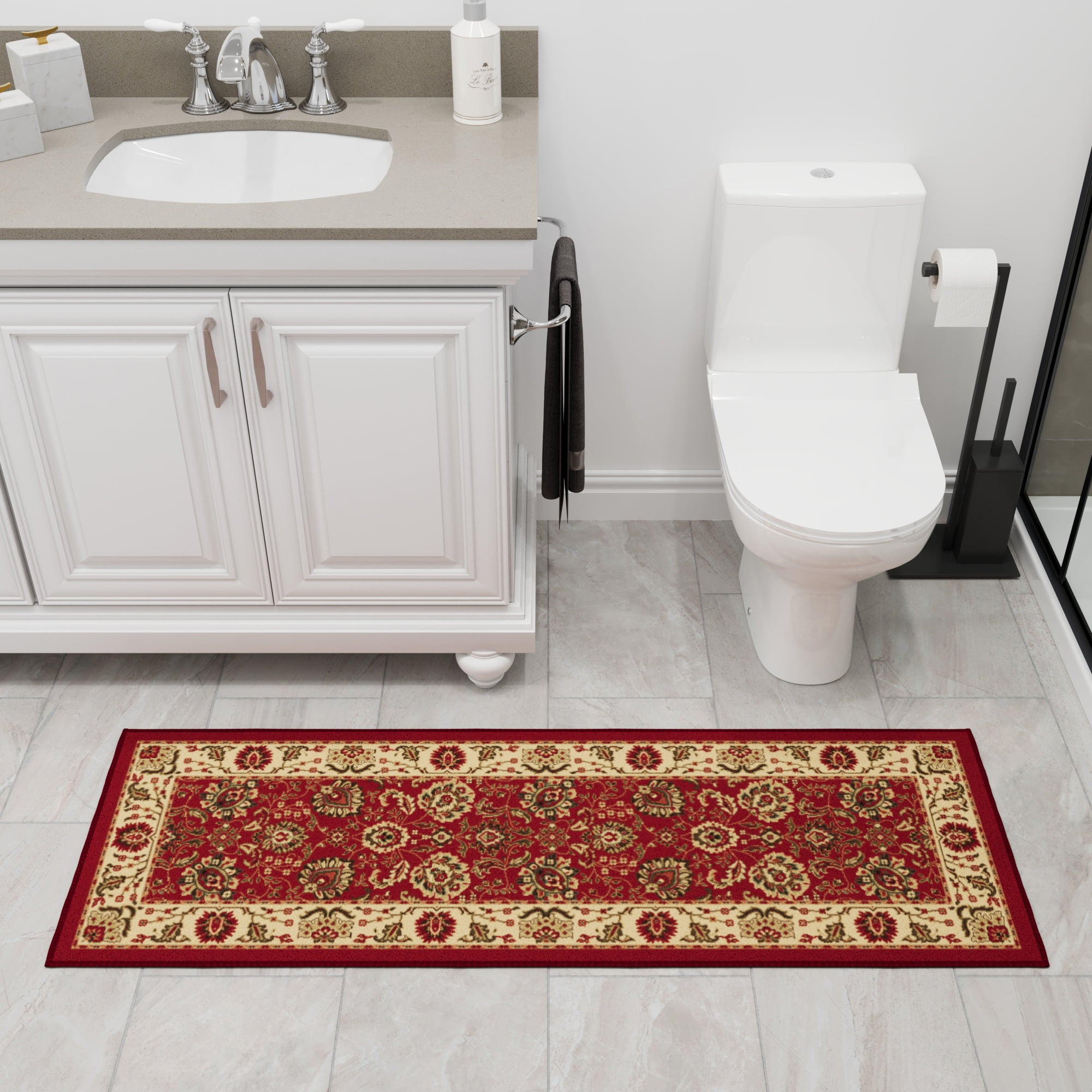 Ottomanson Floral Bathroom Runner Rug 20" x 53" - Non Slip Low Pile Carpet, Red