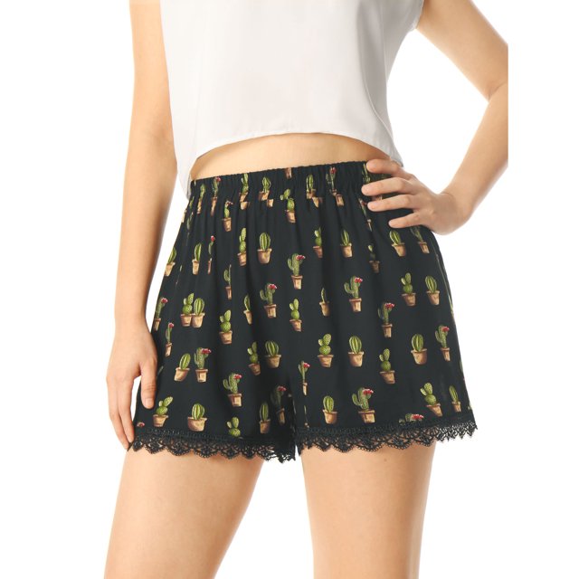 INSPIRE CHIC Women's Floral Printed Lace Trim Elastic Waist Shorts
