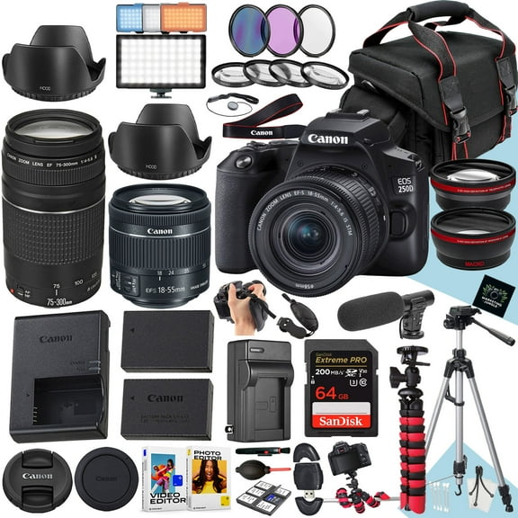 Canon EOS 250D / Rebel SL3 DSLR Camera With EF-S 18-55mm f/4-5.6 IS STM And EF 75-300mm f/4-5.6 III Lens   64 GB Memory   Extra Battery   Battery Charger   Microphone   LED Light   More (40pc Bundle)
