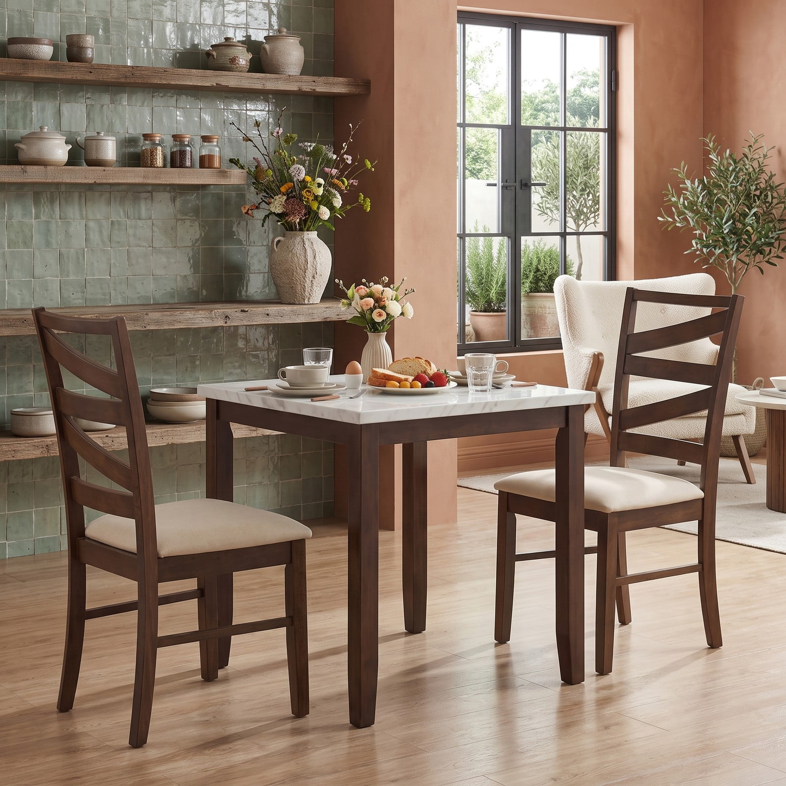 Furnibear Dining Chairs Set of 2, Upholstered Linen Fabric Farmhouse Kitchen Chairs with Tall Backrests and Rubber Wood Frames, 330 lbs Capacity Side Chairs for, Brown