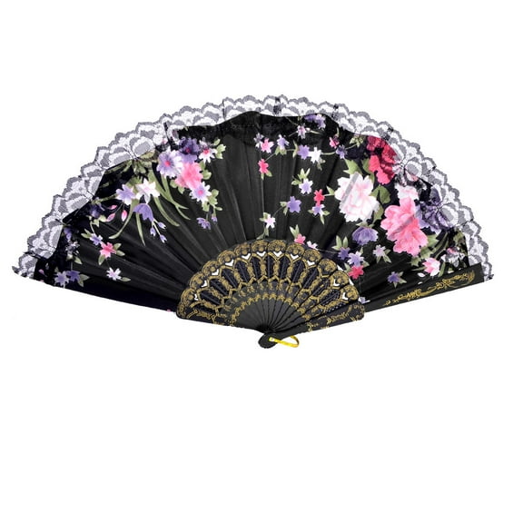 Unique Bargains Assorted Color Flower Print Black Fabric Cloth Plastic Frame Folded Fan
