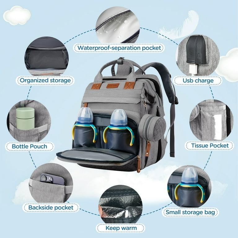 backpack travel crib carryon Babyomi Diaper Backpack with Changing Station, Foldable Crib, Insulated Pocket & USB Port, Large Travel Bag for Moms and Dads, Grey, Infant Unisex,