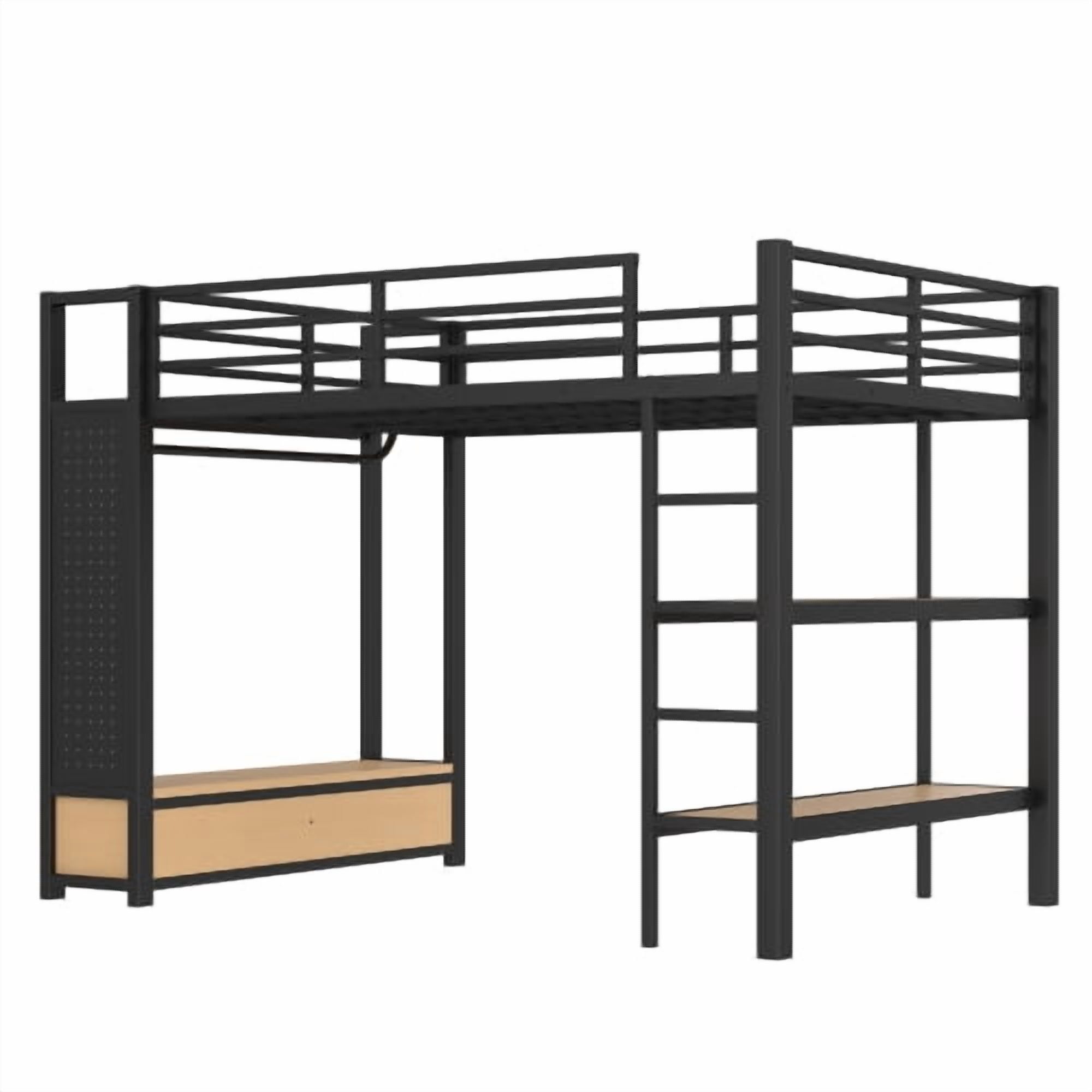 Euroco Full Size Loft Bed with Built-in Desk, Shelves and Wardrobe, Solid Bed with Bookcase and Pegboard for Kids Teens Bedroom, Black