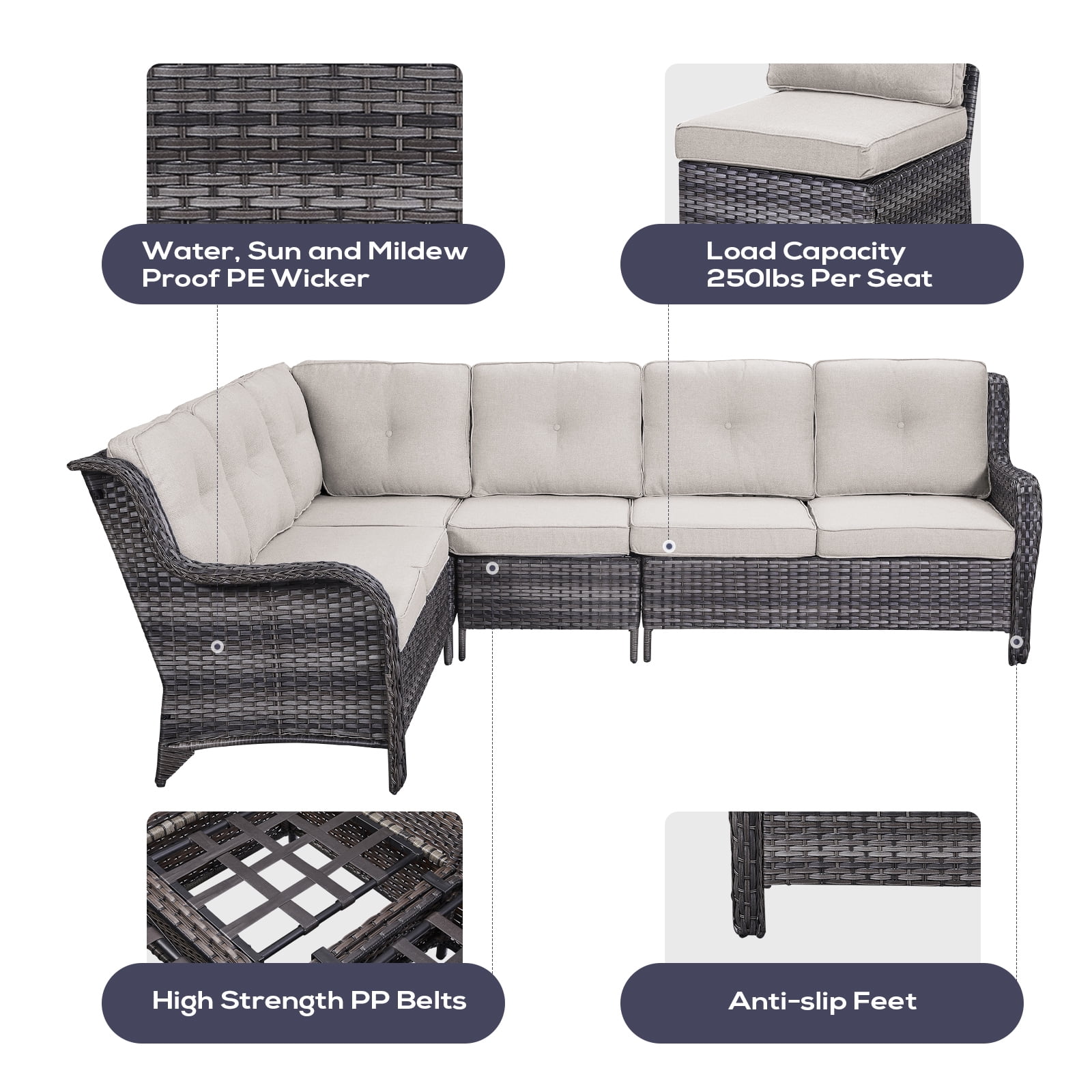 Gymojoy 2-Piece Outdoor Patio Furniture Set, L-Shaped Sectional Sofa, All-Weather PE Wicker Rattan Conversation Set,Gray/Beige