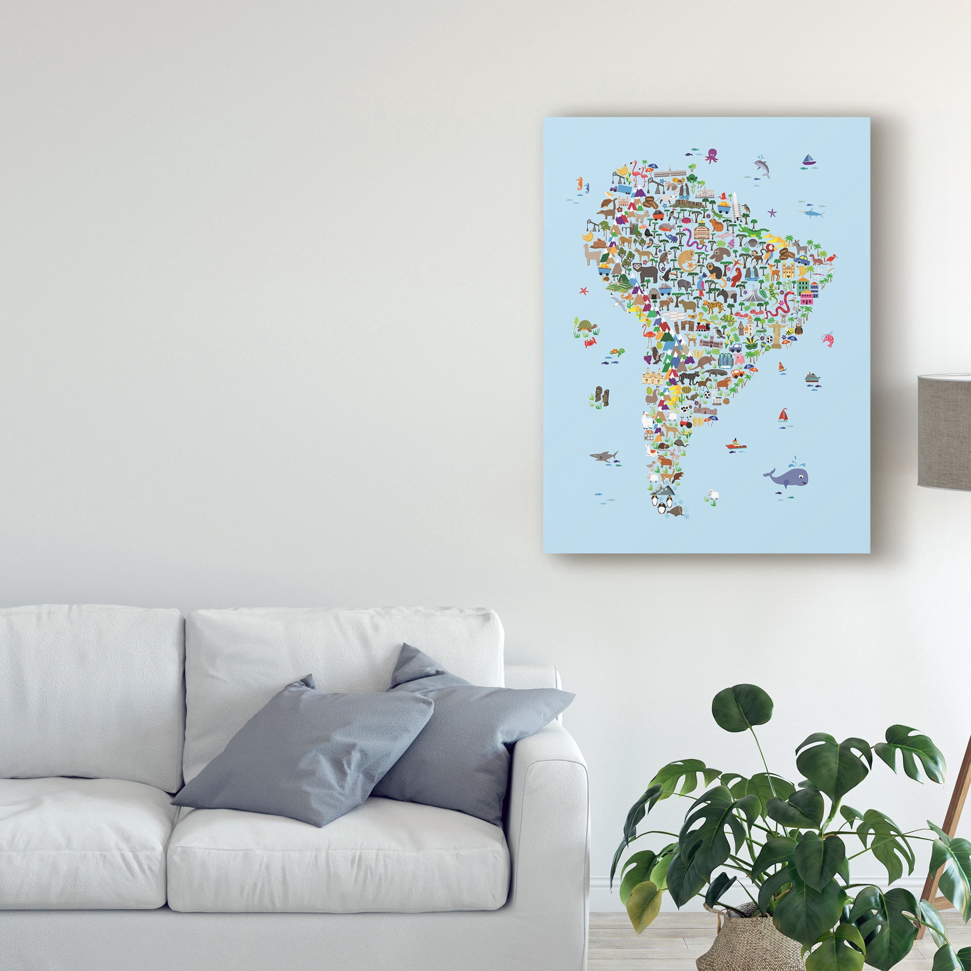Trademark Fine Art 'Animal Map of South America for children and kids Blue' Canvas Art by Michael Tompsett