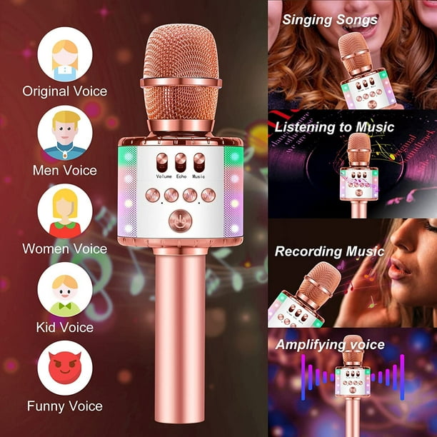 Microphone karaoké sans fil Bluetooth pour enfants chantant, haut-parleur  portable 5 en 1 avec lumières LED, lecteur de musique, fête à la maison,  anniversaire, tous les smartphones 【 Q78 Or Rose 】