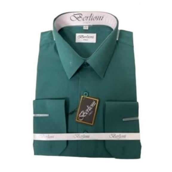 BERLIONI MEN'S FRENCH CONVERTIBLE CUFF LONG SLEEVE DRESS SHIRT HUNTER GREEN SMALL 32/33