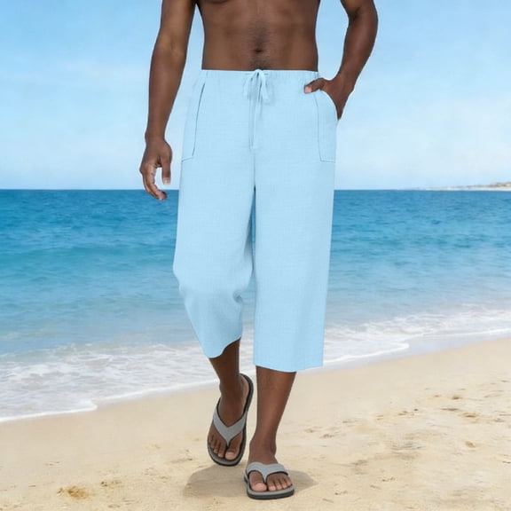 Dxzfnsa Men's Linen Capri Pants Plus Size Men Casual Lightweight Solid Color 3/4 Pants Elastic Waist Drawstring Beach Trousers with Pockets