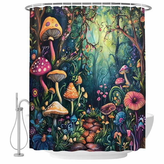 Fairy Tale Forest Bathroom Shower Curtains with Hooks, Mushroom Wildflower Waterproof Fabric Washable Shower Curtain for Home Hotel Bathtub Decor 72x72 Inch