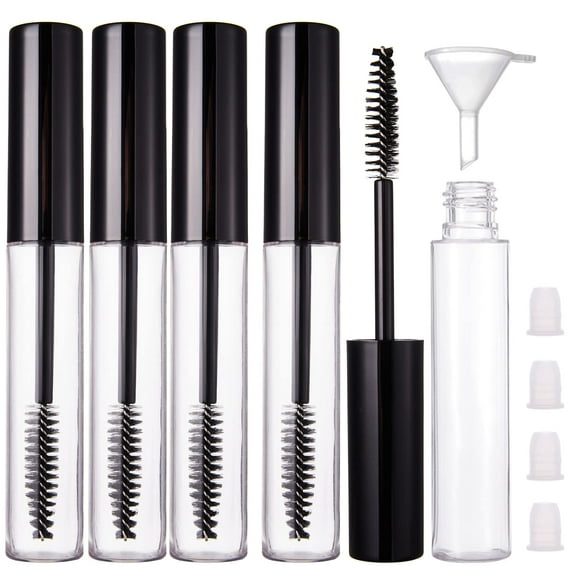 4 Pack 10ml Empty Mascara Tube with Brush Wand, Refillable Eyelash Cream Container DIY Cosmetics Bottle for Castor Oil/Eyebrow Growth Serum/Coconut Oil, 4 Rubber Inserts, 1 Funnel, Black
