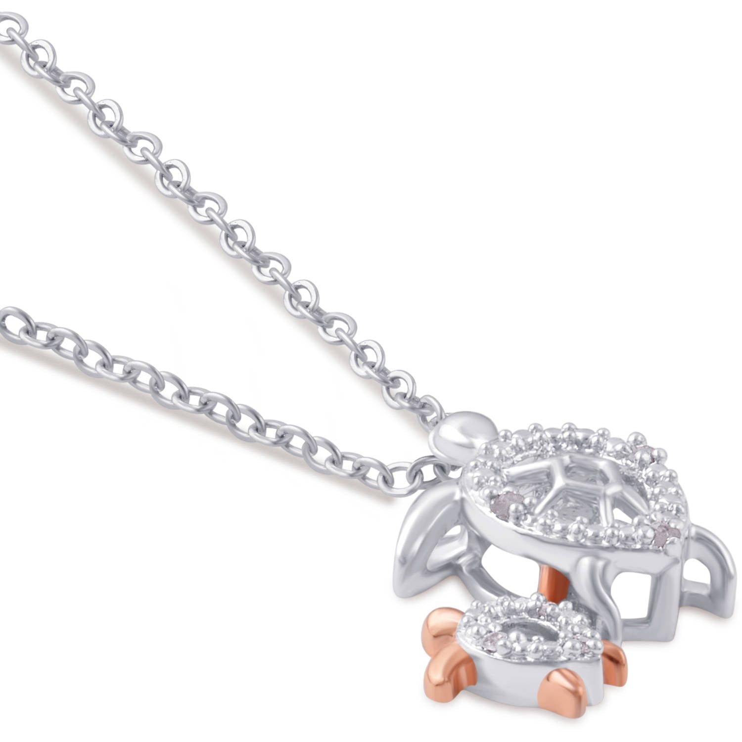 Diamond Accent Two-Tone Turtle Mom and Child Pendant, 18" Chain