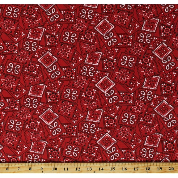 Cotton Crisp Finish Red Western Bandana-Look Paisleys Handkerchief Crisp 100% Cotton Fabric Print by the Yard (D470.61)