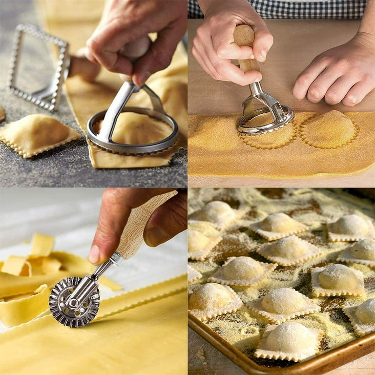 Tioncy 7 Pcs Pasta Making Tool Set Include 1 Wooden Cutter 1 Rolling Pin 1  Gnocchi Board Wood with Roller 3 Ravioli Stamp Maker Cutter for Homemade