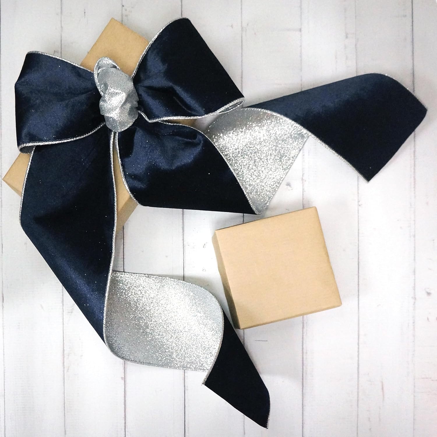 4" Navy Blue Velvet Silver Glitter Backing Wired Ribbon 10 Yards for Christmas Tree Wedding Wreath Gift Wrapping Home Décor DIY