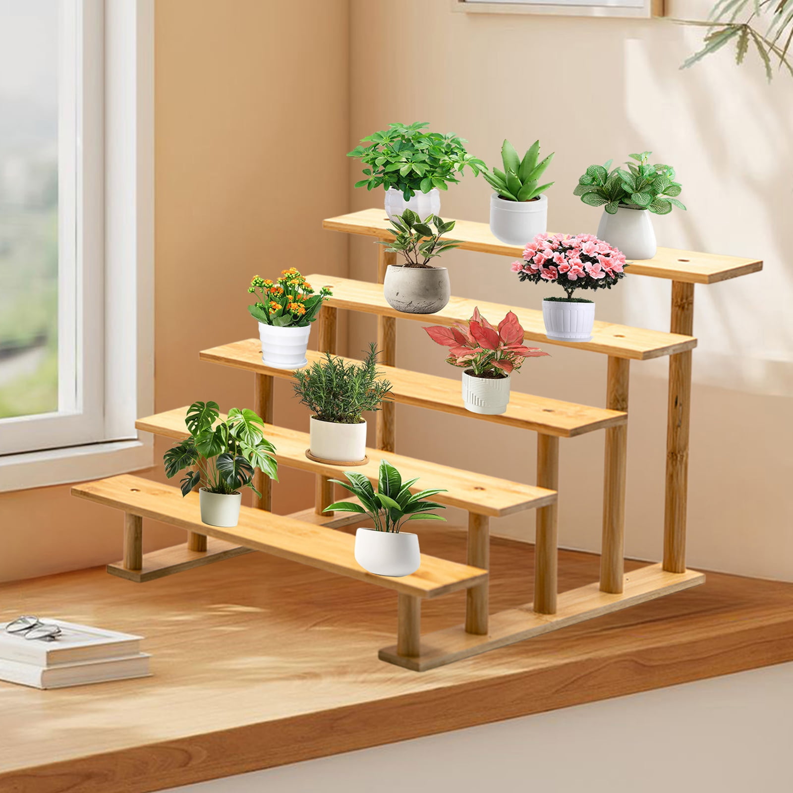 Zzbiiqs Bamboo 3-Tiered Shelves Foldable Plant Stand, Portable