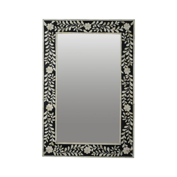 RUDRAKSHA CORPORATION Traditional Rectangle Bone Inlay Mirror, Black and Ivory Frame with Detailed Floral & Leaf Pattern, Elegant Wall Decor