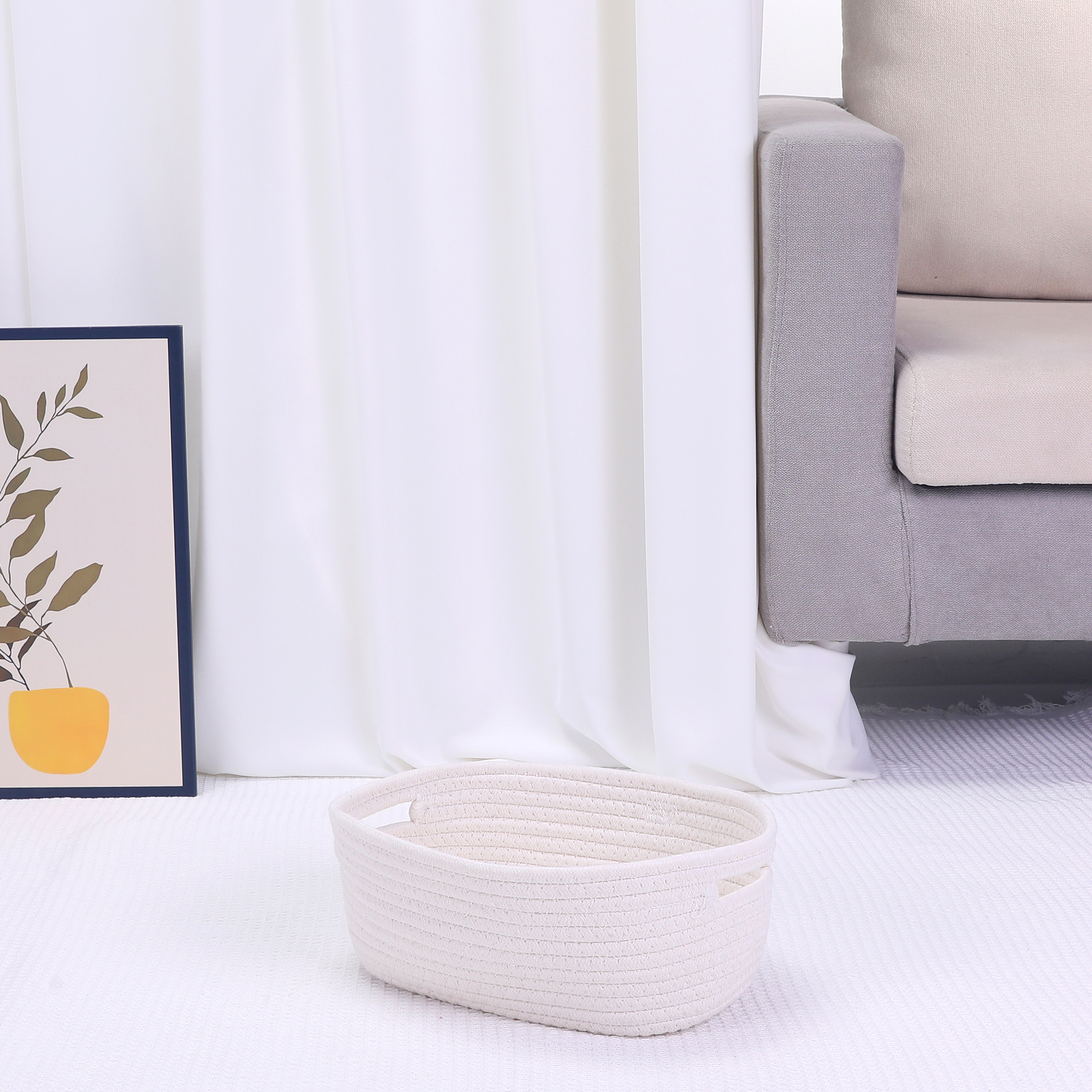 Unique Bargains Woven Storage Basket Shelf Storage Bin for Home Clothes with Handles White