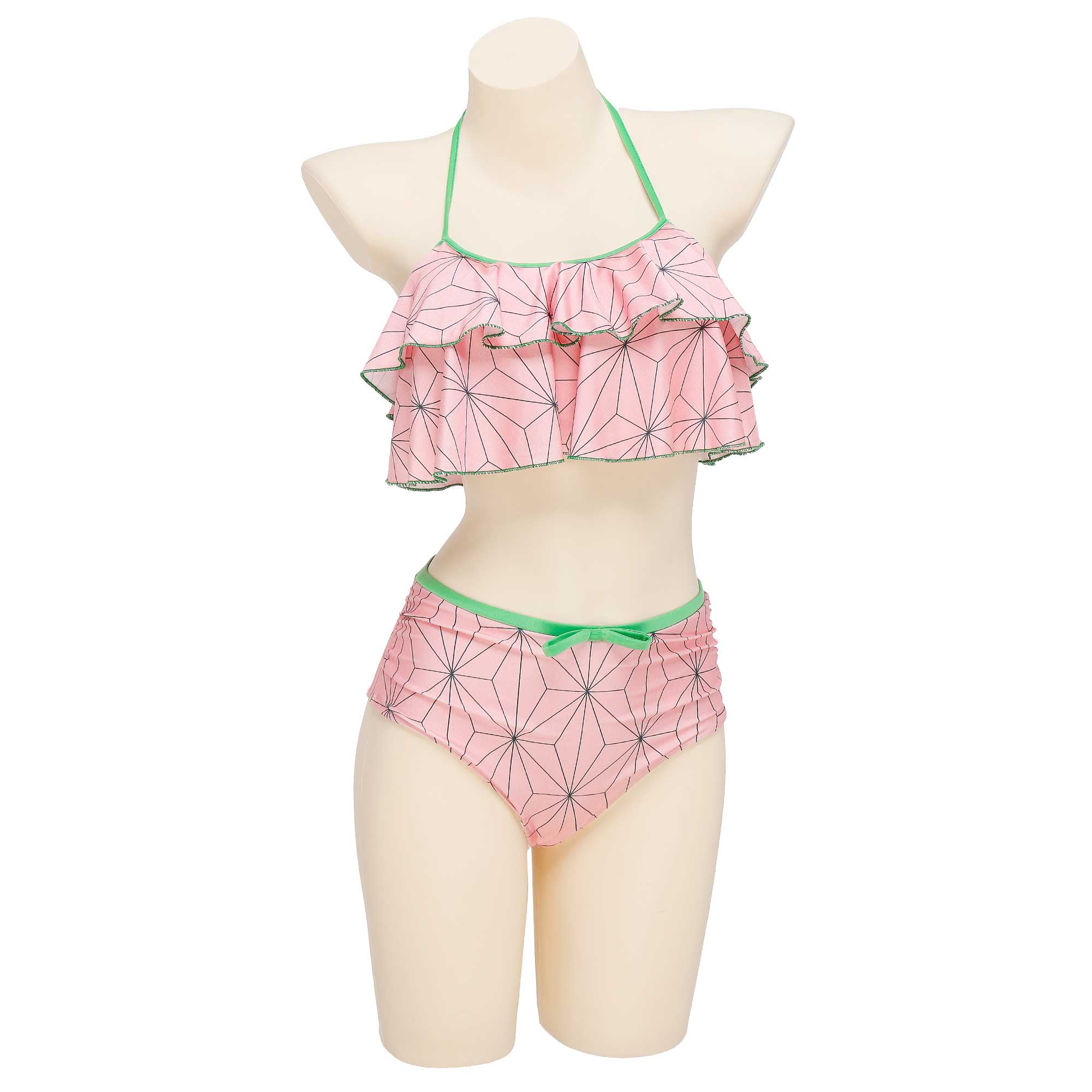 Women Halter Grid Ruffled Bikini Set Two-Piece Anime Swimsuit Beach Bathing  Suit