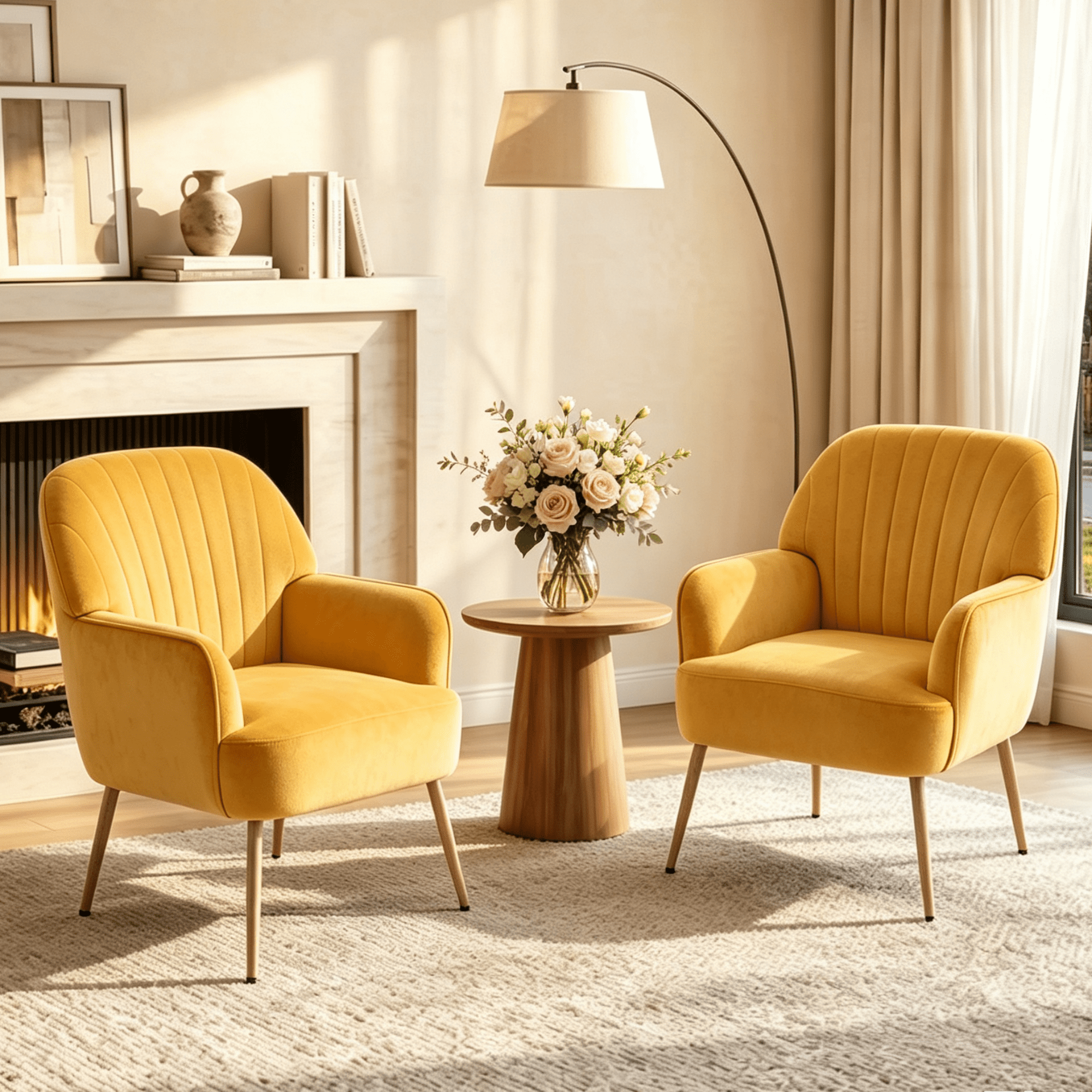 Gewnee Velvet Accent Chair,Upholstered Reading Chair with Wood Frame,Comfy Barrel Chair for Living Room,Waiting Room and Office.Yellow