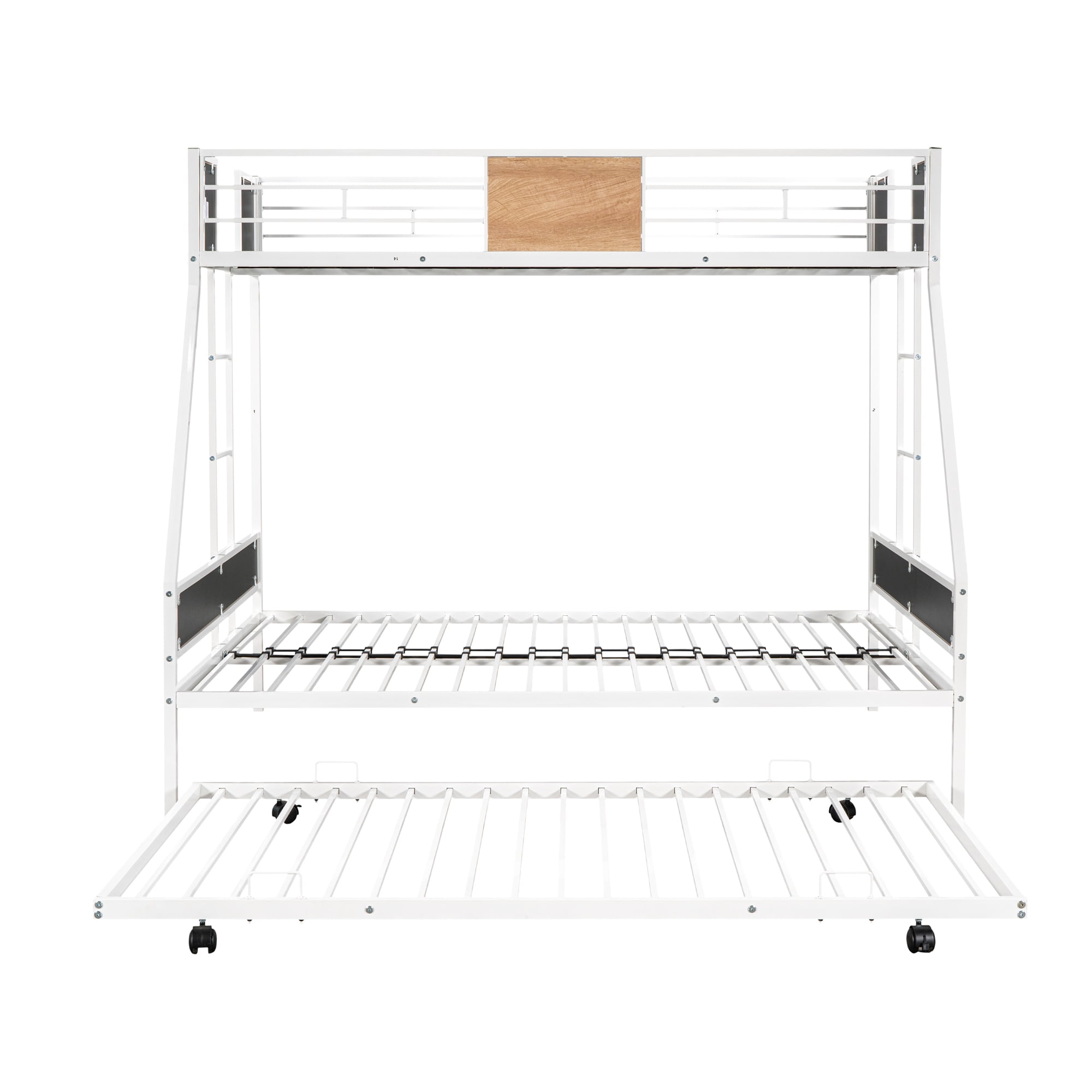 Gewnee Twin over Full Metal Bunk Bed with Trundle and  Two Ladders for Kids Room, White