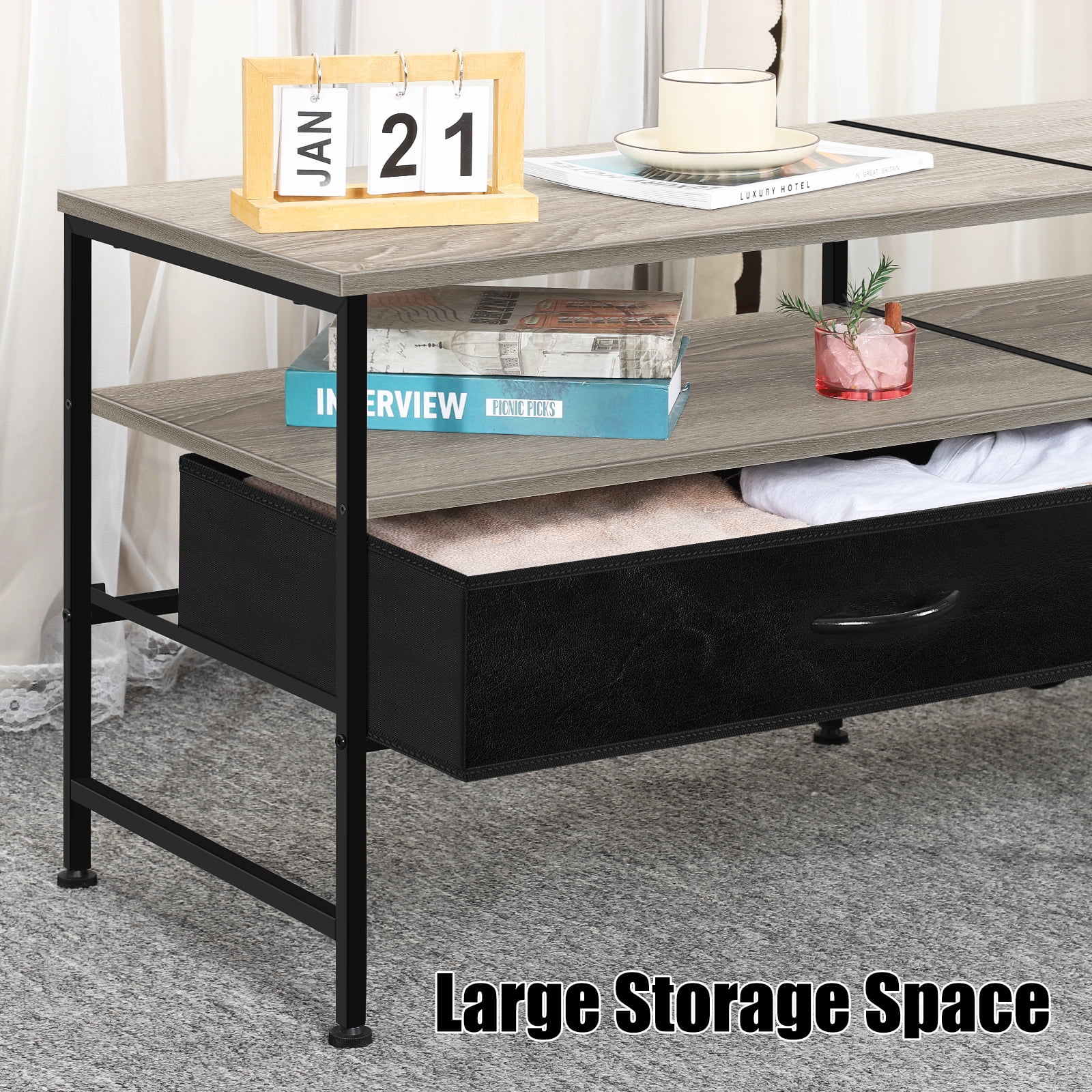 55"L Extended TV Cabinet Industrial TV Cabinet with Fabric for Living Room, Bedroom with Charging Stake Gray