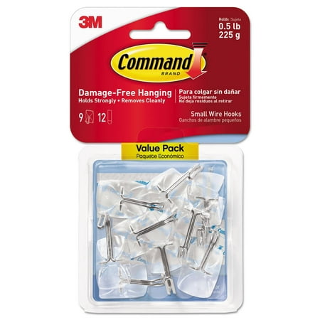 Command Hooks, Small, .5lb Capacity, Clear Plastic/ Metal Wire, 9 Hooks & 12 Adhesive