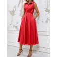 thumbnail image 4 of Red Solid Minimalist Stand Collar Sleeveless A-Line Midi Dress For Women, 4 of 7