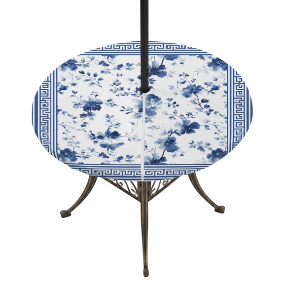 Round Outdoor Tablecloth with Umbrella Hole and Zipper, Navy Blue Floral Tablecloth with Elastic Waterproof, Vintage Flowers Plants Farmhouse Greek Key Patio Table Covers for 36" - 44" Pool Tables