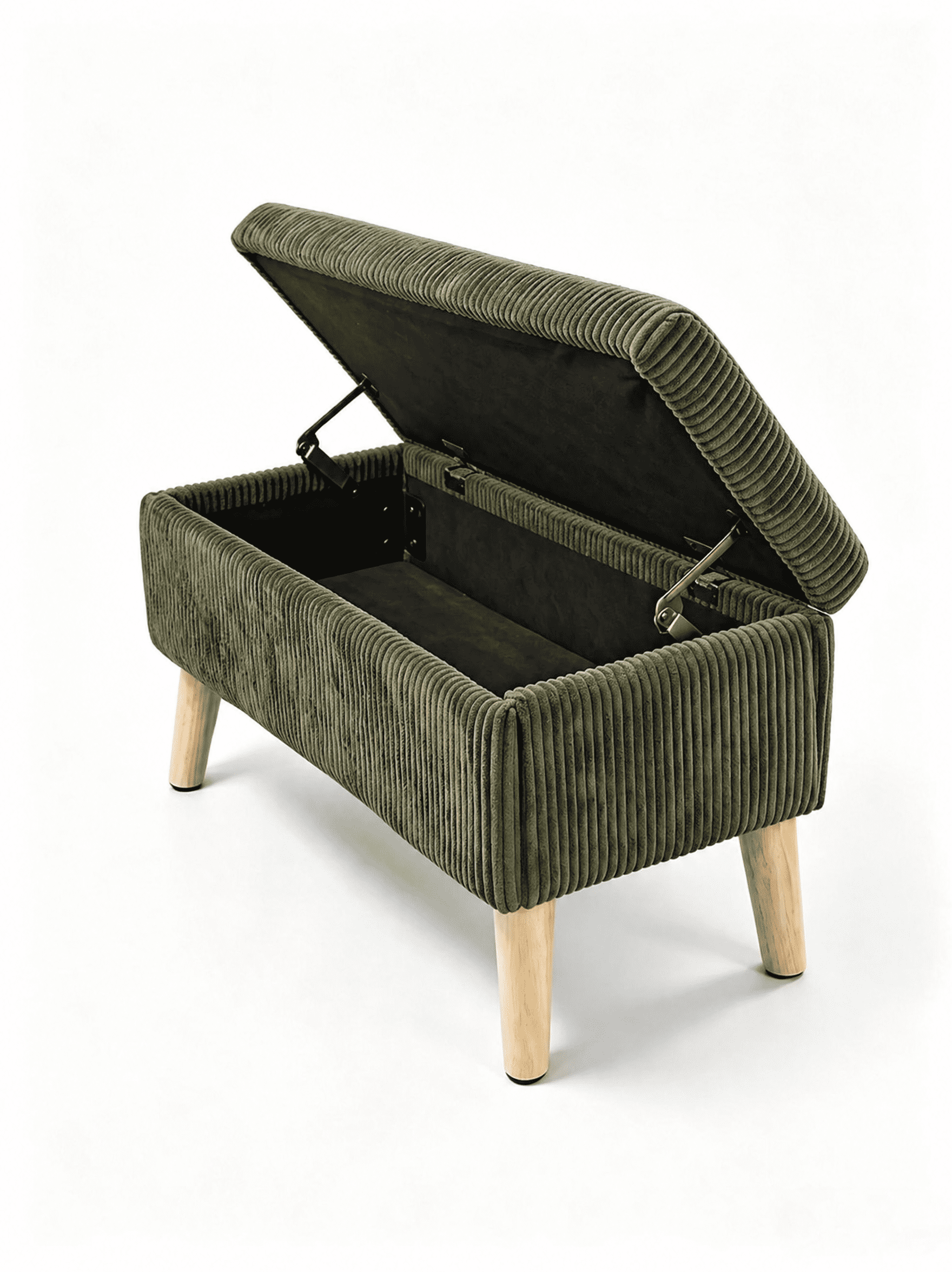 32 Inch Olive Green Corduroy Storage Ottoman Bench with Wooden Legs, Flip Top Upholstered Storage Chest, Multi-Functional End of Bed Shoe Bench Footrest for Bedroom Entryway Living Room
