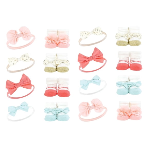 Hudson Baby Infant Girl 16Pc Headband and Socks Giftset, Coral Gold, One Size