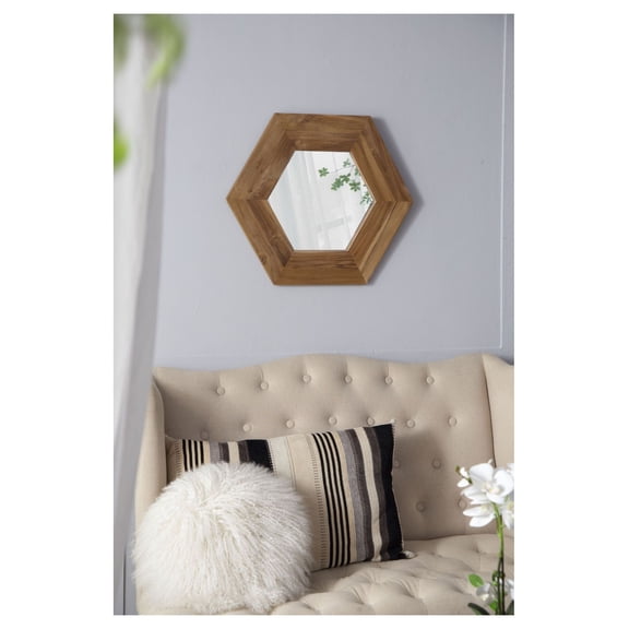 Hexagon Wall Mirror 18.5", Teak Wood- Living Room, Bathroom Decor - Modern Minimalist- 18.5 x 18.5 Inch