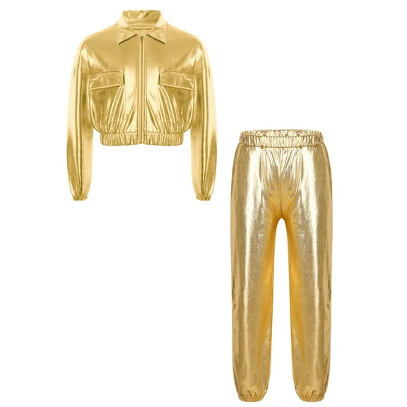 TTAO Unisex Boys Girls Hip Hop Jazz Dance Outfits Long Sleeve Shiny Jacket Outwear with Metallic Pants Streetwear Gold 6