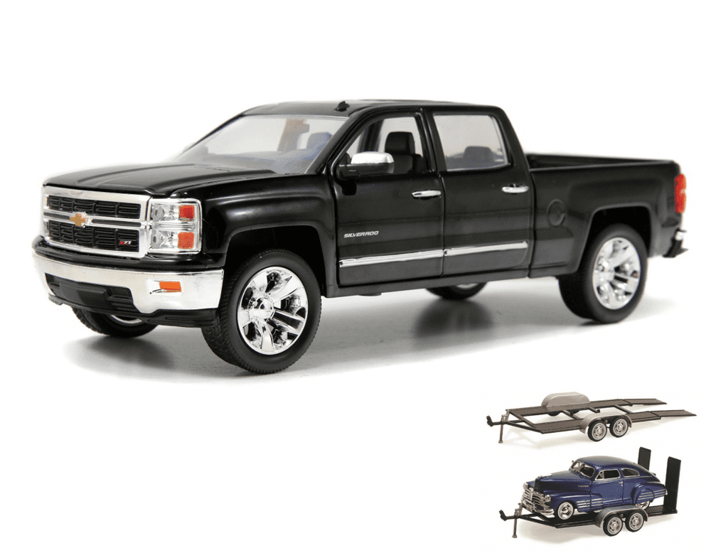 Diecast Car & Trailer Package Chevy Silverado Pickup Truck, Black