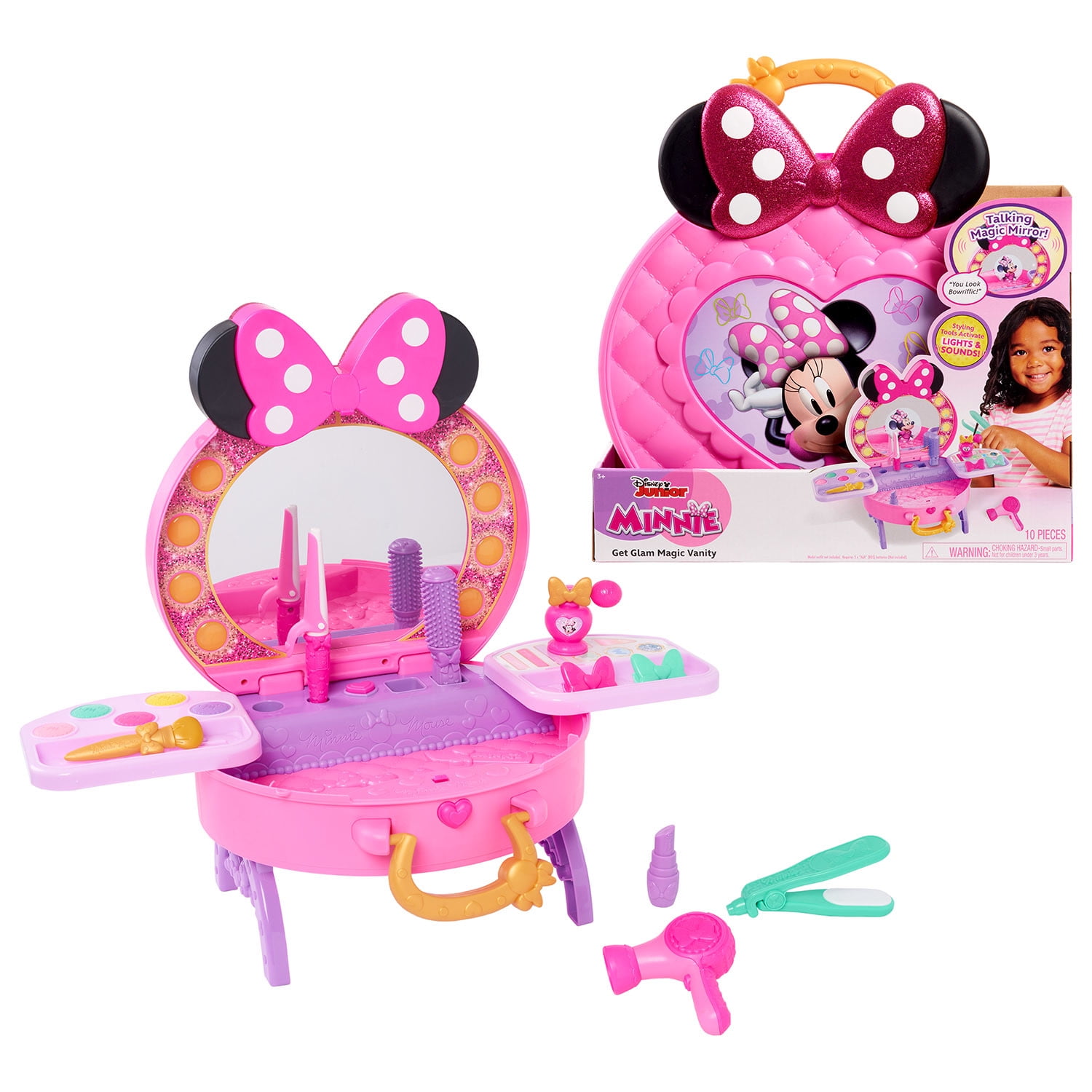 Disney Junior Minnie Mouse Get Glam Magic Table Top Pretend Play Vanity with Lights and Sounds, Officially Licensed Kids Toys for Ages 5 Up, Gifts and Presents