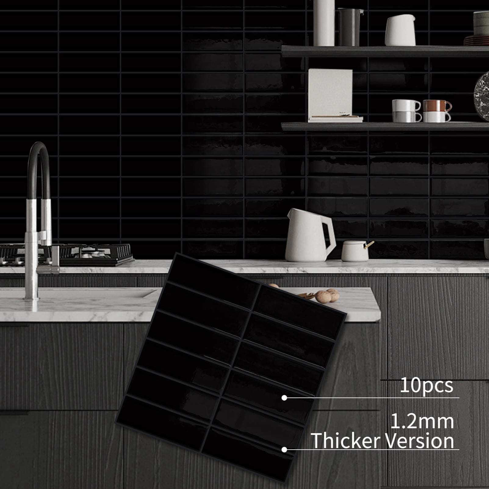 DEWOO Peel and Stick Backsplash - 10 Sheets of 12"×12" - 3D Adhesive Peel and Stick Tile Backsplash for Kitchen, Bathroom, Wall Tile, Black