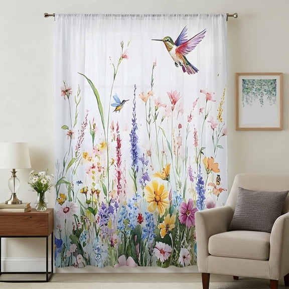Hummingbird Floral Sheer Curtains 45 Inches Long, Farmhouse Floral Botanical Light Filering Curtains, Breathable Simi Curtain Privacy Drapes for Kitchen Bathroom Lightweight Small Window Treatment