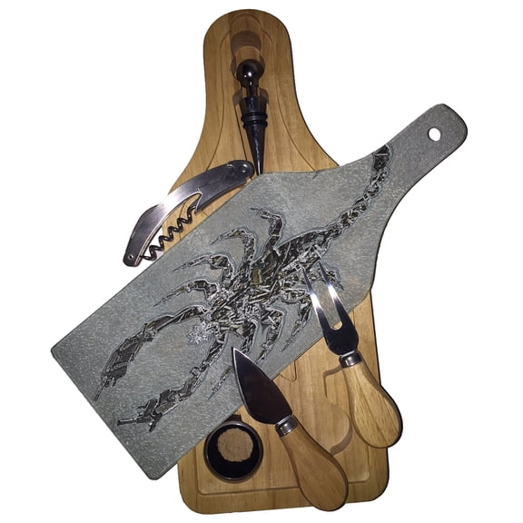 KuzmarK Wine & Cheese Glass Cutting Board Wood Box Gift Set - Scorpion Weapons