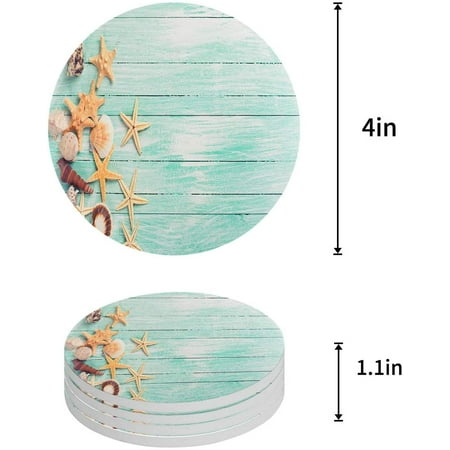 

ZHANZZK Seashell Starfish Old Wooden Plank Set of 6 Round Coaster for Drinks Absorbent Ceramic Stone Coasters Cup Mat with Cork Base for Home Kitchen Room Coffee Table Bar Decor