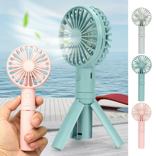 Ventilador portátil recargable USB con soporte para trípode • Ajustable de 3 velocidades • Luz nocturna • Portátil y de sobremesa • Opciones azul y rosa