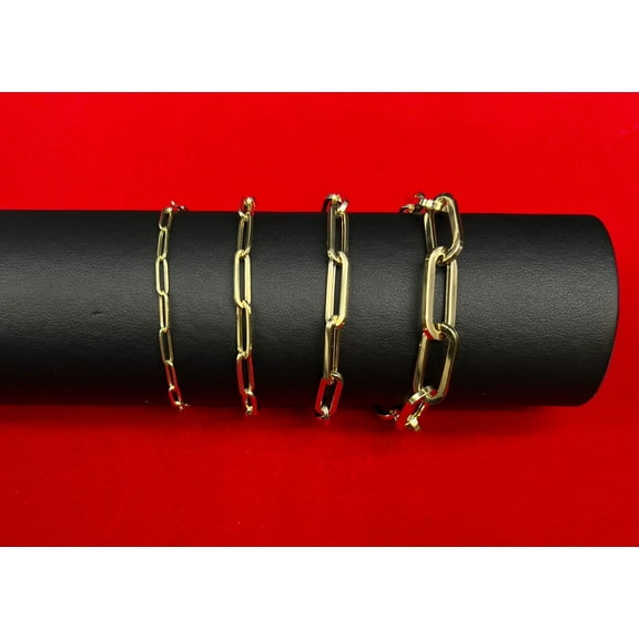 Real 14k Gold Paperclip Chain Bracelet 3MM - 9MM, 14k Yellow Gold Women Bracelet,Fancy Gold Bracelet,14k Gold Paperclips Bracelet (Width:3MM; Bracelet length:7.5;)