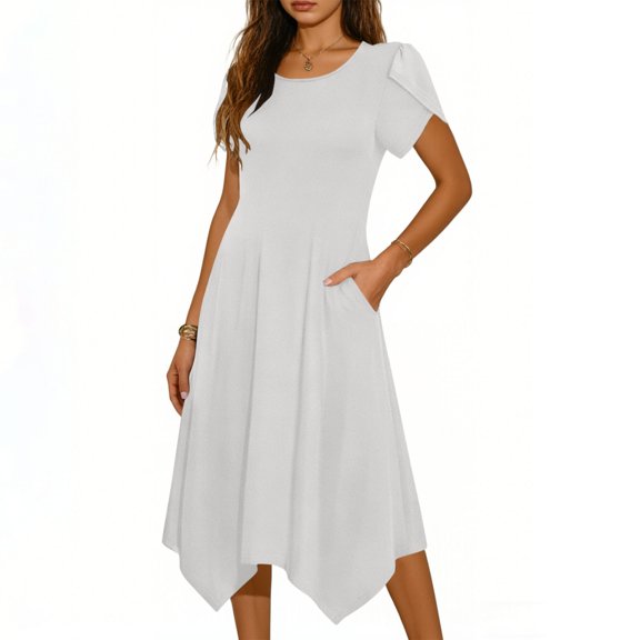 BUIGTTKLOP Womens Casual Dress for Summer Short Sleeve Loose Flowy Beach Dress with Pockets Midi Sundress 2026
