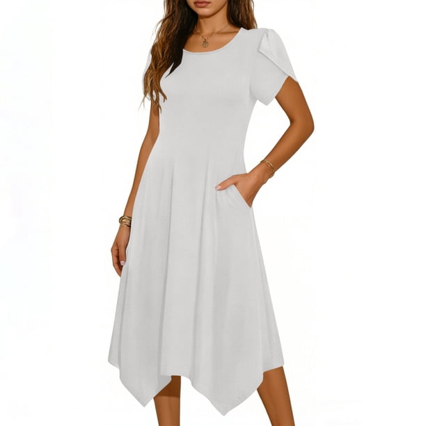 Mujeres Manga Corta Tops Estilo Casual Cuello Redondo Sólido Irregular Doblado Vestido, Vestido de Manga Corta para las Mujeres Falda Primavera Verano Diario