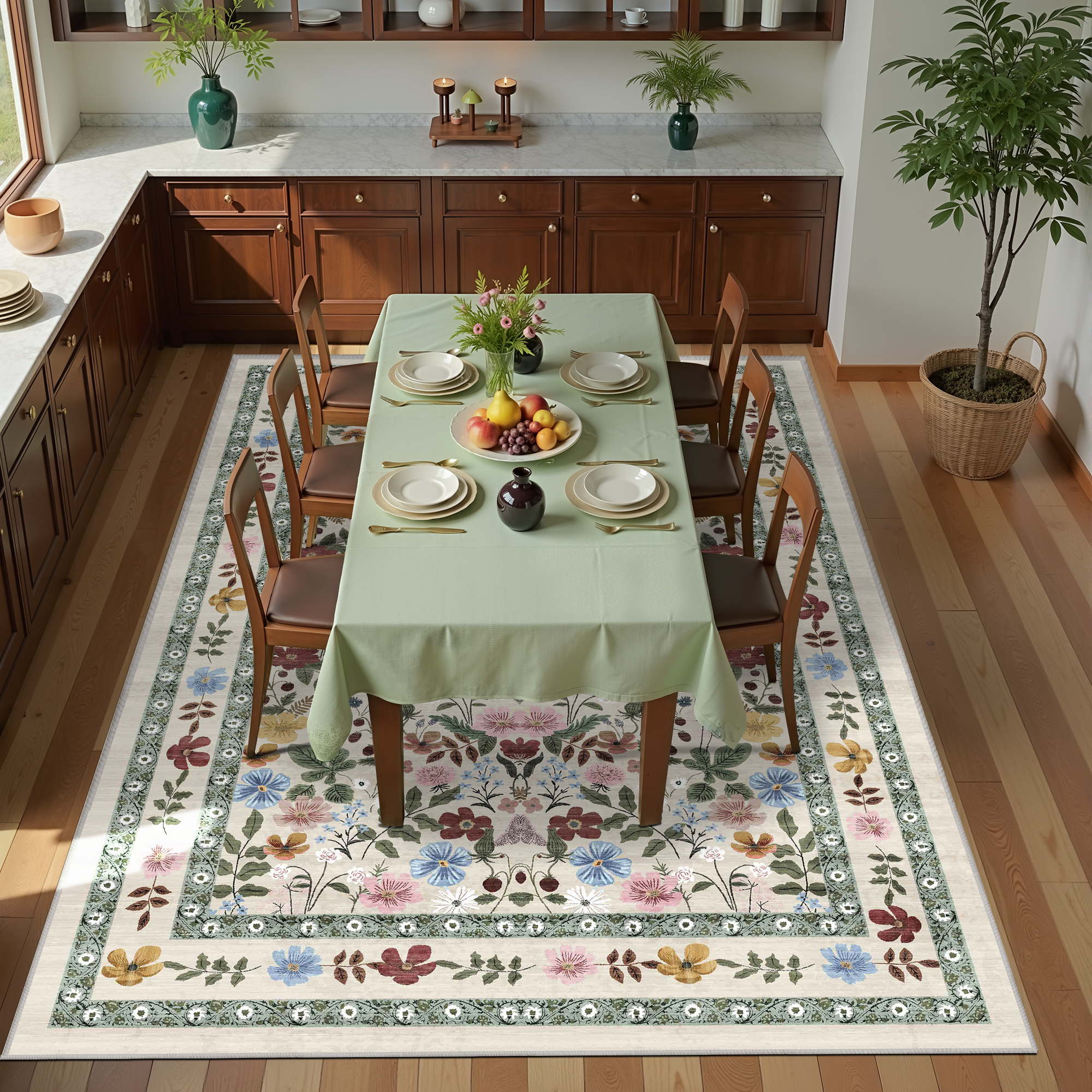 ATHOPE 6x9 Area Rugs for Living Room Bedroom, Floral Washable Soft Low Pile Rug with Non-Slip Backing, Large Vintage Distress Print Pattern Carpet, Beige Green Floral
