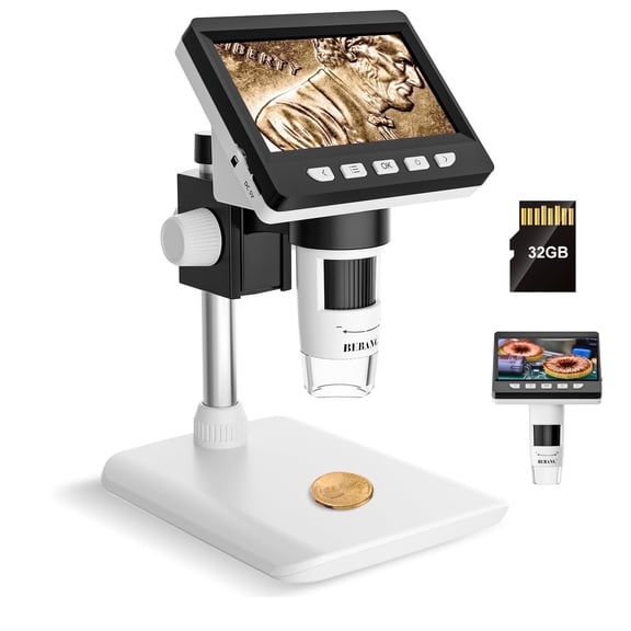 BEBANG 4.3" Coin Microscope 1000X, 1080p, 8 LED Lights, Digital Microscope for Adults Kids, Windows MacOS Compatible, 32GB