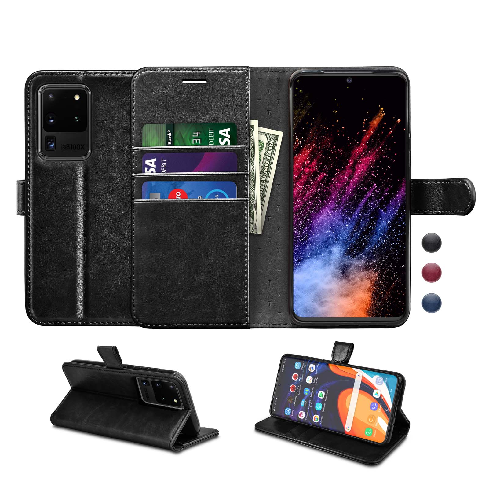 Njjex Case Wallet 2020 Galaxy S20 Ultra S20 S20+ S20 Plus 5G, Galaxy S20 S20 Ultra Wallet Case RFID Blocking Card Slot Stand PU Leather Magnetic Protect Flip Cover [Gift Box] -Black - image 1 of 10