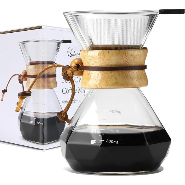 Pour Over Coffee Maker with Reusable Stainless Steel Filter, Borosilicate Glass Coffee Carafe, Wooden Collar, Manual Coffee Maker, Holds 400ML (2 Cups)