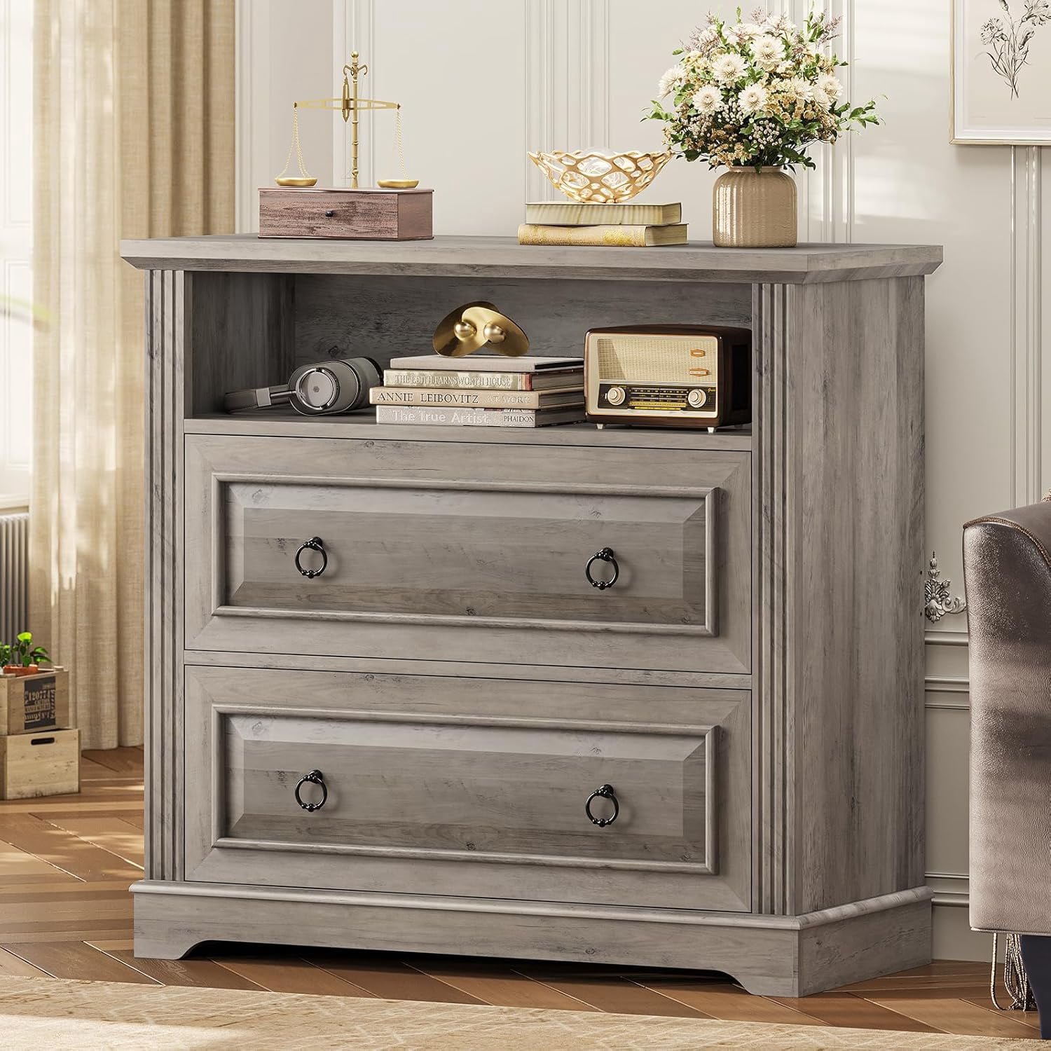 2 Drawer File Cabinet, Farmhouse Filing Cabinet for Home Office Fits Letter, Legal, A4 Size, Wood Lateral File Cabinet with Printer Stand, Storage Shelf, Grey