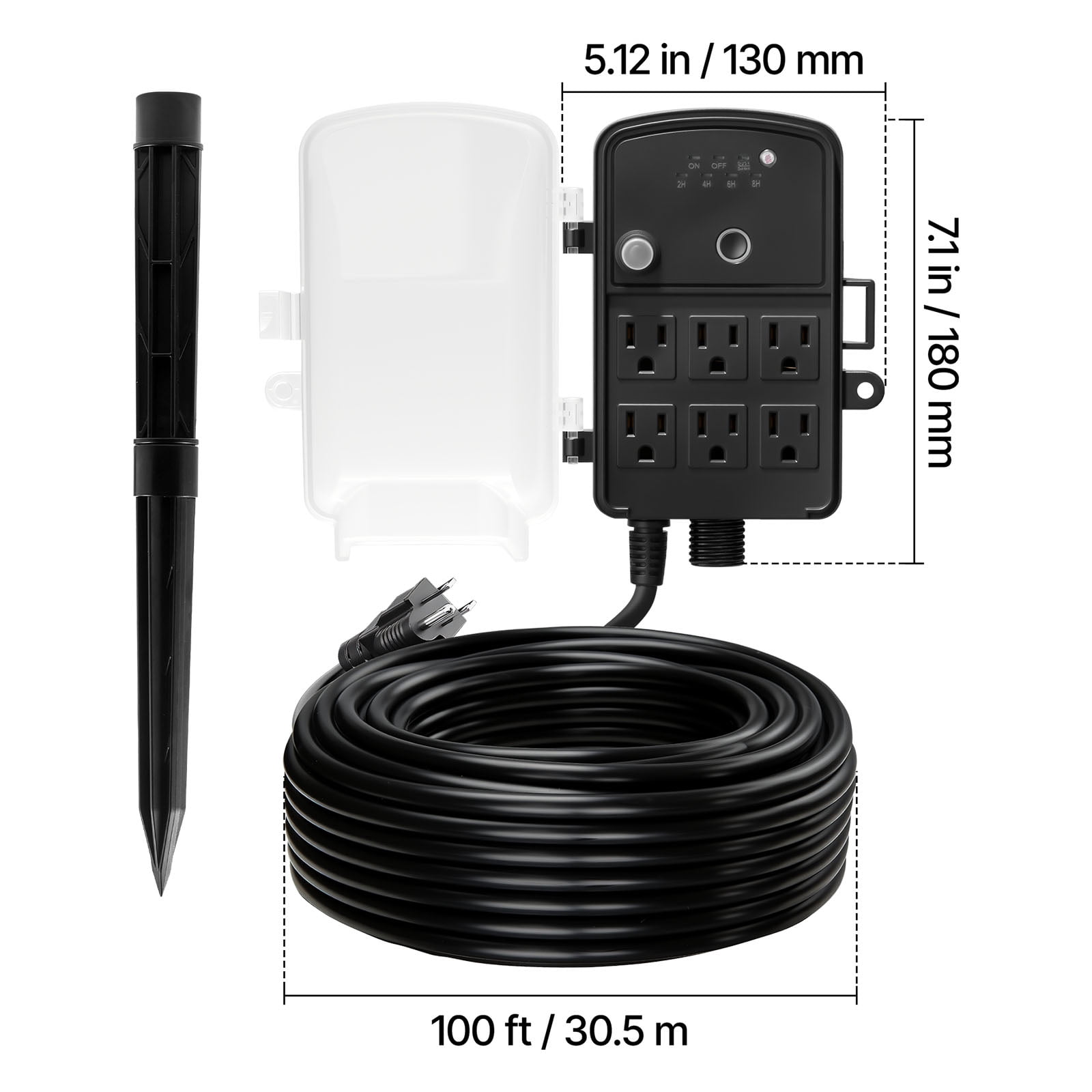 KFFKFF Outdoor Power Stake with 100FT Extension Cord, Weather-Resistant Power Strip with Cover, Remote-Controlled Light Timer, 6 Outlets, 1625W/13A, Ideal for Holiday Decorations and Garden Use